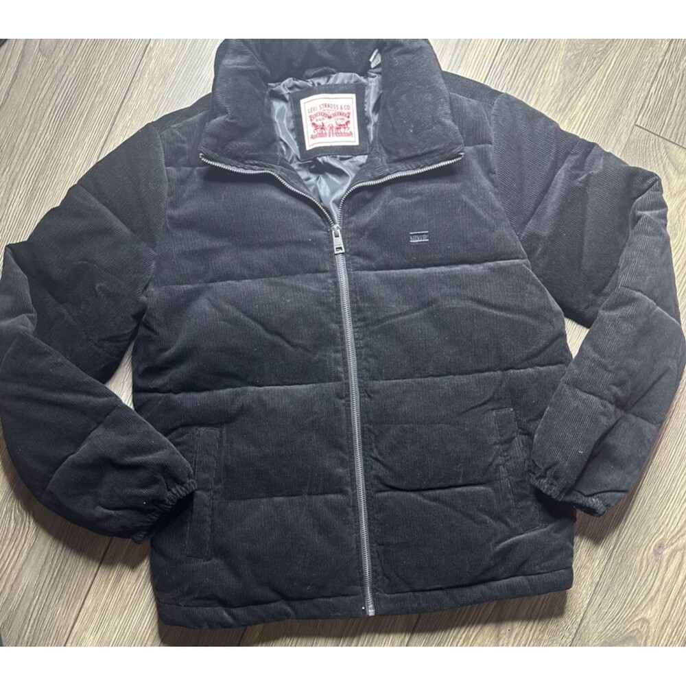 Levi’s Corduroy Puffer Jacket Size Small Black Full Zip Coat Heavy Stylish VGC